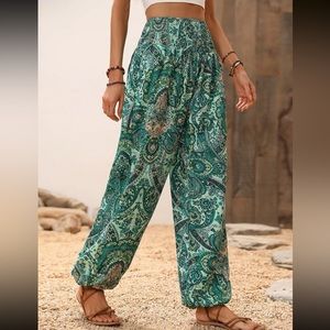 Boho floral paisley print shirred waist jogger pants